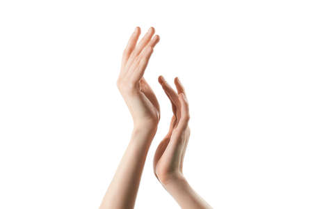 skinny female hands without manicure on a white backgroundの写真素材