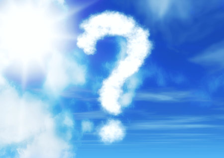 3d illustration of a cloud of question marks floating in the skyの写真素材