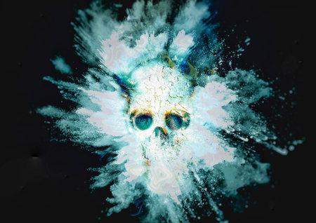 3d illustration of an abstract skull floating in the darkの写真素材