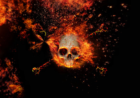 3d illustration of a skull wrapped in burning flamesの写真素材