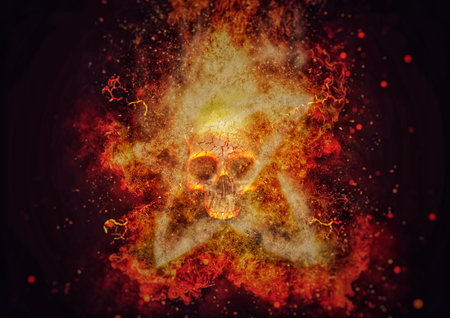 3d illustration of a skull wrapped in burning flamesの写真素材