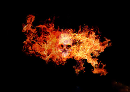 3d illustration of a skull wrapped in burning flamesの写真素材