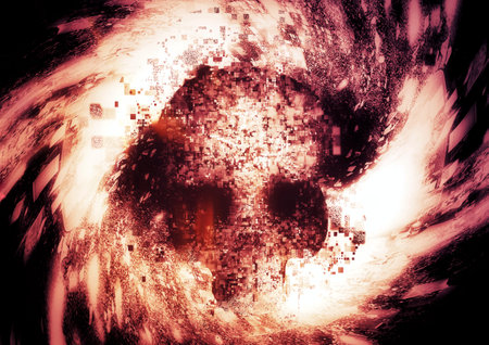 3d illustration of a skull wrapped in burning flamesの写真素材