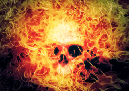 3d illustration of a skull wrapped in burning flamesの写真素材