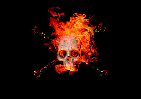 3d illustration of a skull wrapped in burning flamesの写真素材