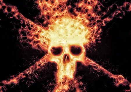 3d illustration of a skull wrapped in burning flamesの写真素材
