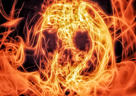 3d illustration of a skull wrapped in burning flamesの写真素材