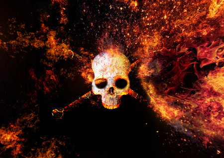 3d illustration of a skull wrapped in burning flamesの写真素材