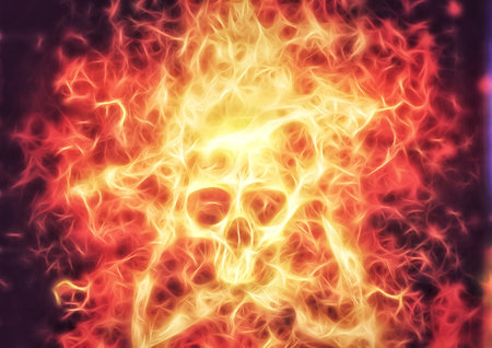 3d illustration of a skull wrapped in burning flamesの写真素材