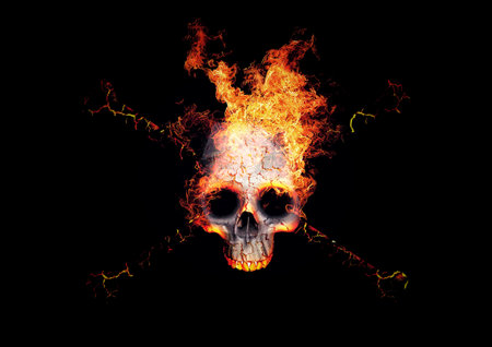 3d illustration of a skull wrapped in burning flamesの写真素材