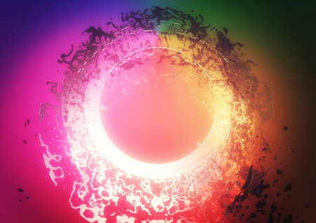 3d illustration of colorful glowing rings scatteredの写真素材
