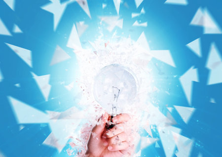 3d illustration of a glowing blue light bulb held in the hand with the concept of science technologyの写真素材