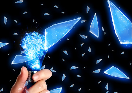 3d illustration of a glowing blue light bulb held in the hand with the concept of science technologyの写真素材