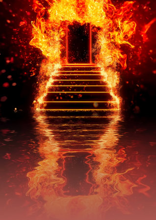 3d illustration of burning flame stairs and doorsの写真素材