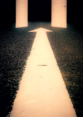 3d illustration of arrow marked on road pointing to open door in challenge conceptの写真素材