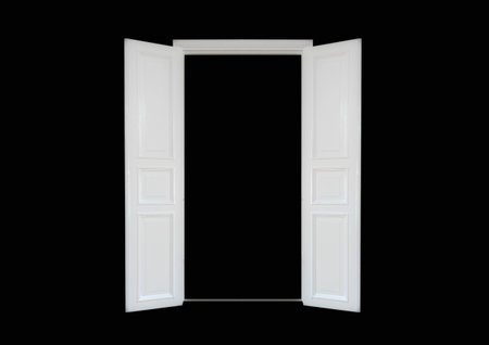 3d illustration with spotlight hitting open doorの写真素材