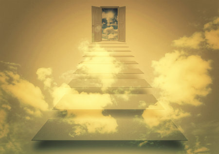 3d illustration of abstract stairs and doors leading to the futureの写真素材