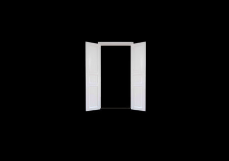 3d illustration with spotlight hitting open doorの写真素材