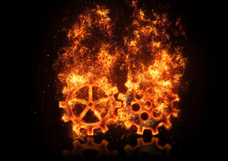 3d rendering interlocked flame gears in technology conceptの写真素材