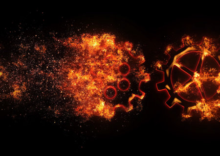 3d rendering interlocked flame gears in technology conceptの写真素材