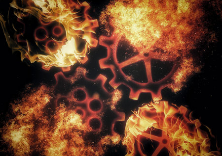 3d rendering interlocked flame gears in technology conceptの写真素材