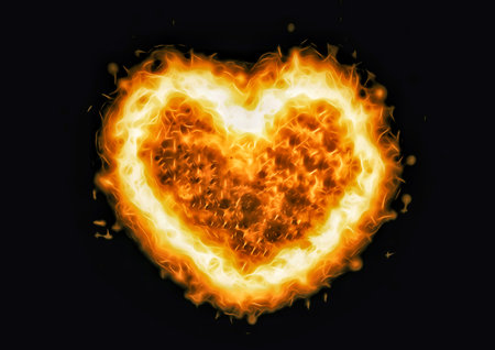 3d illustration of exploding heart shaped flameの写真素材