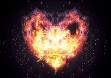 3d illustration of exploding heart shaped flameの写真素材