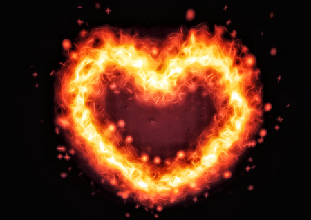 3d illustration of exploding heart shaped flameの写真素材