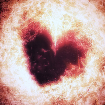 3d illustration of exploding heart shaped flameの写真素材