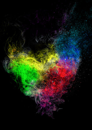 3d illustration of heart shaped smoke swirling in the darkの写真素材