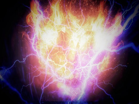 3d illustration of heart shaped light shining in the darkの写真素材