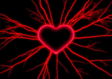 Illustration of heart red lightning bolt shining in the night skyの写真素材