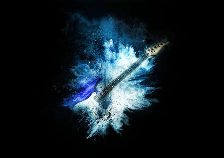 3d illustration of exploding blue guitarの写真素材