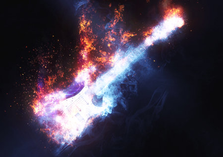 3d rendering electric guitar on fireの写真素材