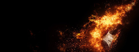 3d rendering electric guitar on fireの写真素材