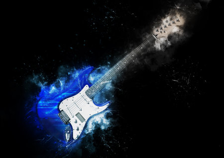 3d illustration of exploding blue guitar