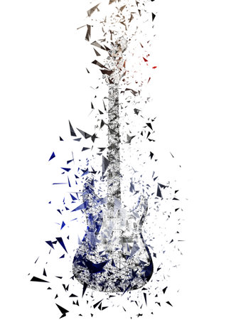 3d illustration of exploding blue guitar