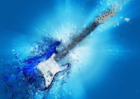 3d illustration of exploding blue guitarの写真素材