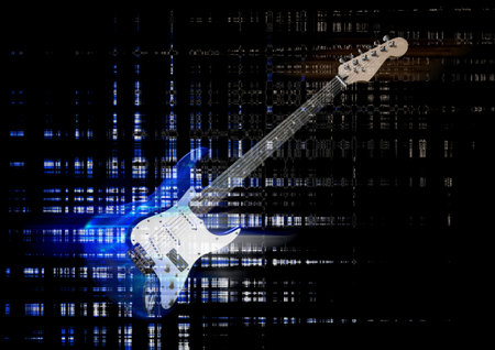 3d illustration of exploding blue guitarの写真素材