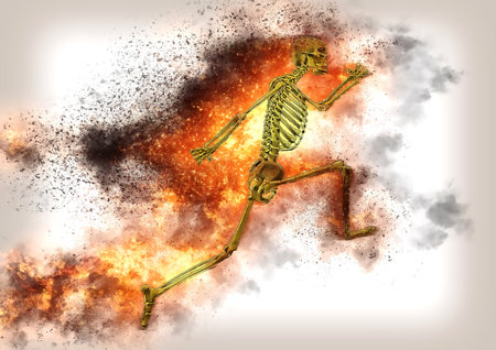 3d illustration of composite fire effect on human skeleton in running pose