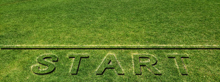 3d illustration of starting line drawn on grass with challenge conceptの写真素材