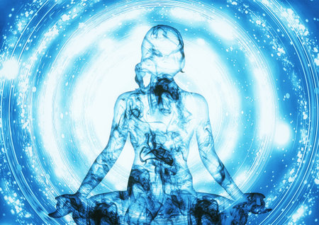 3d illustration of an abstract woman meditating in a yoga positionの写真素材