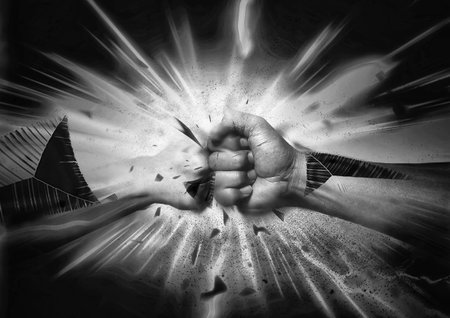 3d illustration of fist to fist clashing motion in fighting conceptの写真素材