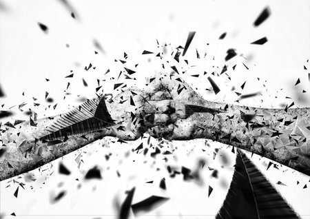 3d illustration of fist to fist clashing motion in fighting conceptの写真素材