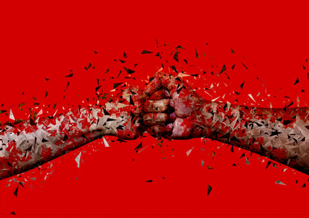 3d illustration of fist to fist clashing motion in fighting conceptの写真素材