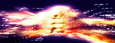 3d illustration of fist to fist colliding action in boxing concept