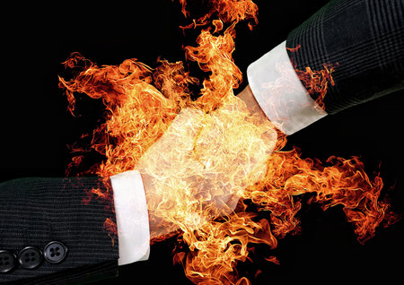 3d illustration that combines handshake gestures with fire effects