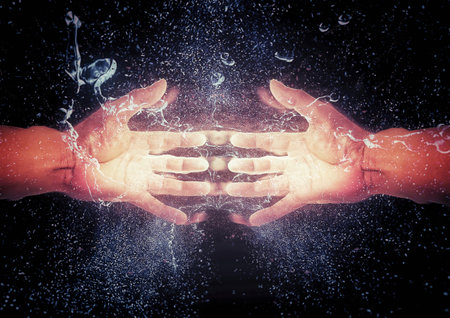 3d illustration of hands connected underwater with the concept of partnershipの写真素材