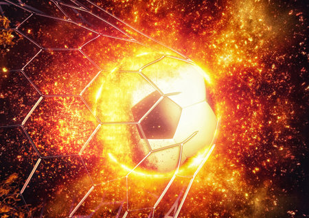 3d illustration of a soccer ball in burning flamesの写真素材
