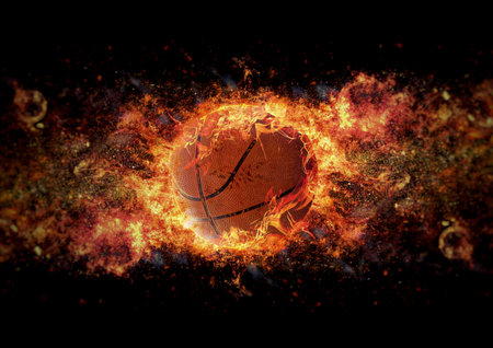 3d illustration of basketball ball in burning flamesの写真素材